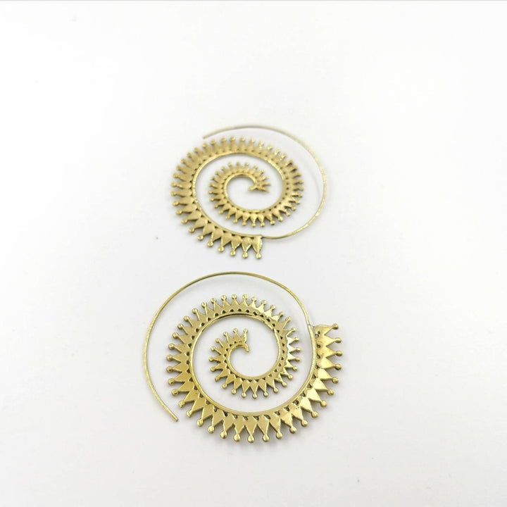 Boho Spiral Earrings with Sun Pattern — Brass