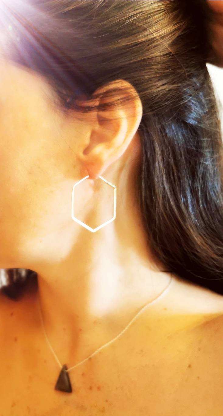 Minimalist Hexagon Hoop Earrings — Brass