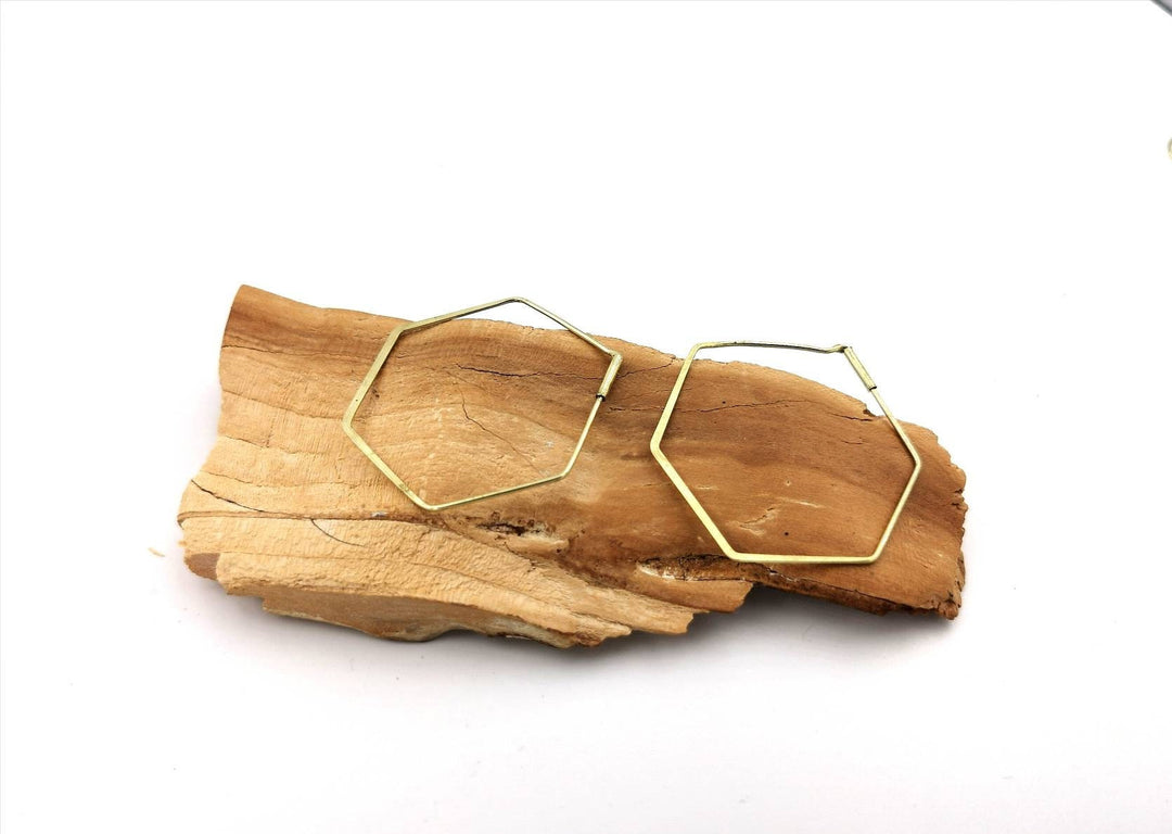 Minimalist Hexagon Hoop Earrings — Brass