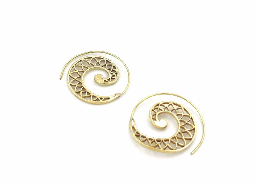 Boho Spiral Earrings, Classic Flower Petal Pattern — Brass