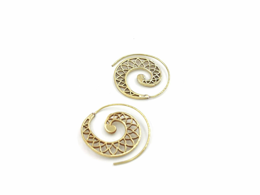 Boho Spiral Earrings, Classic Flower Petal Pattern — Brass