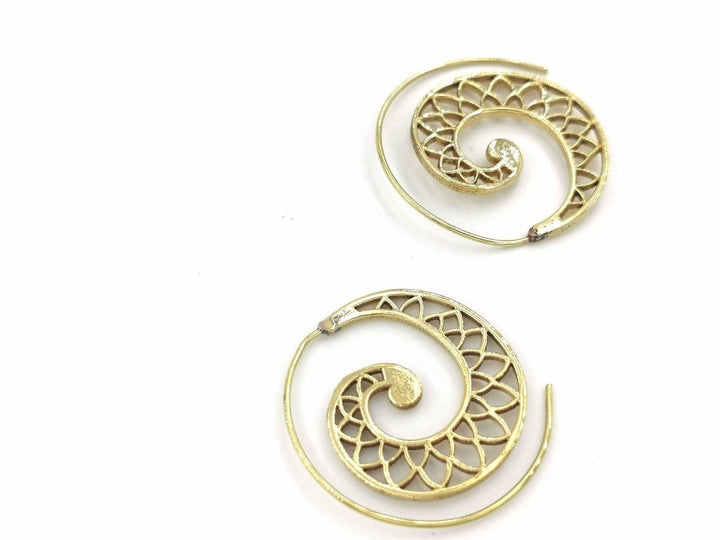 Boho Spiral Earrings, Classic Flower Petal Pattern — Brass