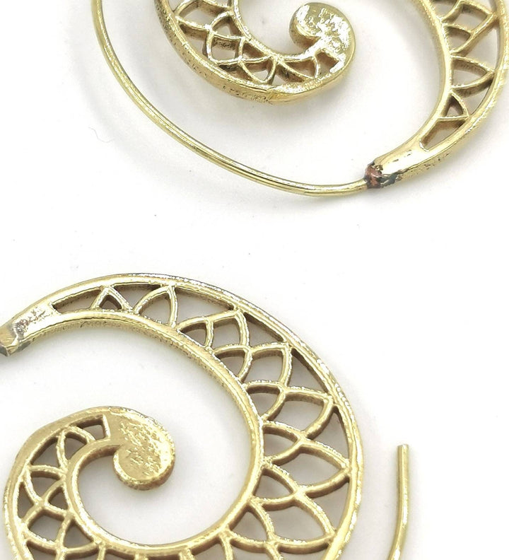 Boho Spiral Earrings, Classic Flower Petal Pattern — Brass