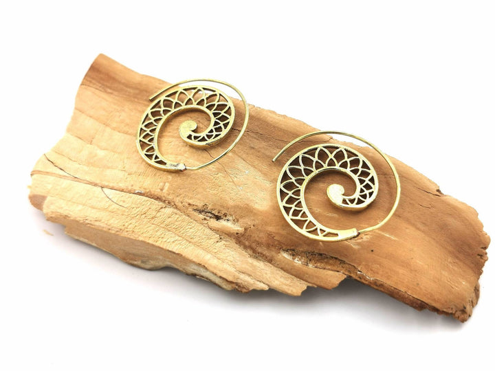 Boho Spiral Earrings, Classic Flower Petal Pattern — Brass
