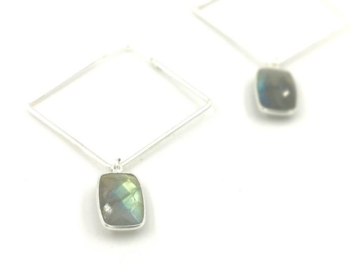 Square Hoop Earrings with Natural Stone — 925 Silver