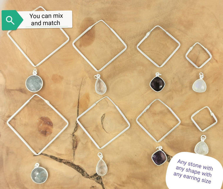 Square Hoop Earrings with Natural Stone — 925 Silver