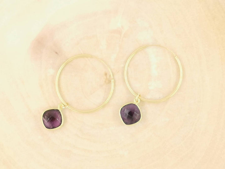 Hoop Earrings with Faceted Gemstones — 18k Gold Plated