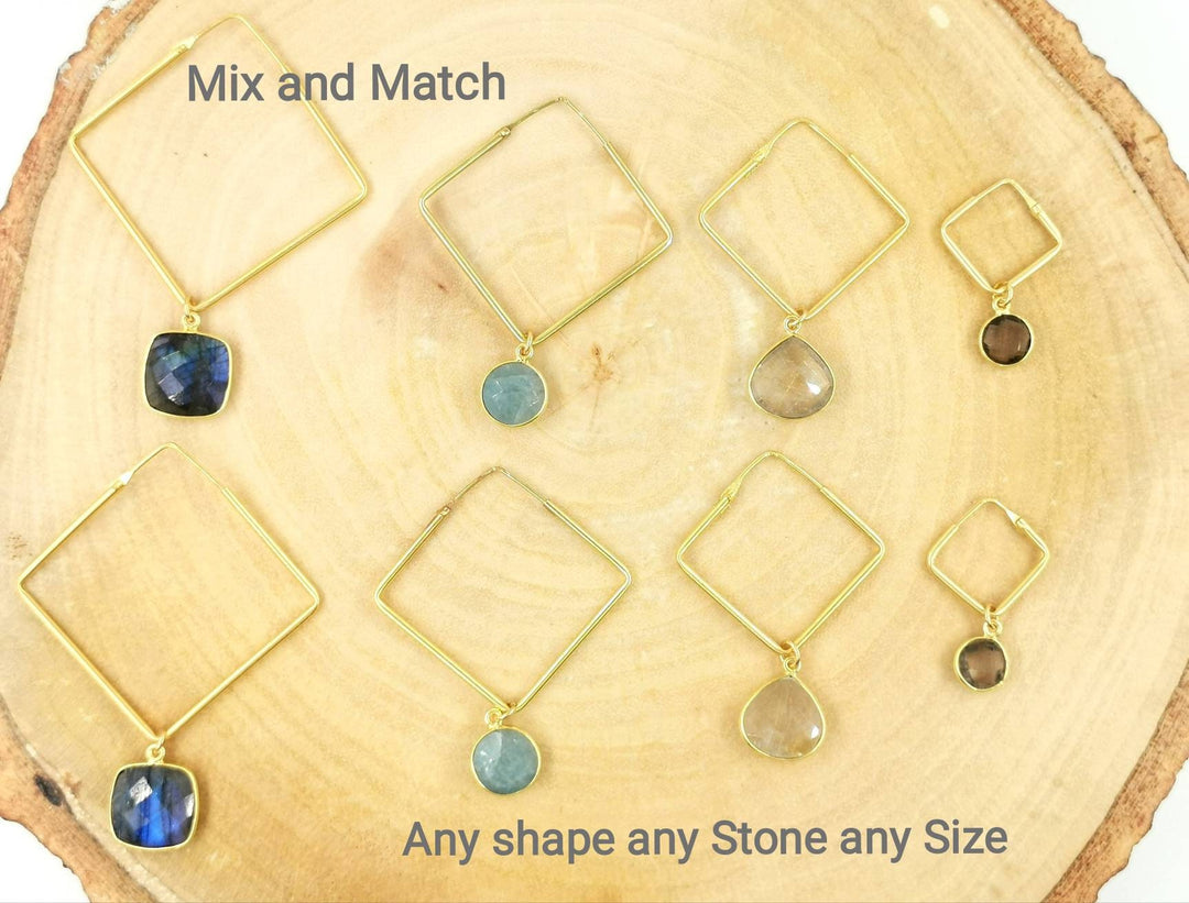 Customisable  Square Hoop Earrings 18k Gold Plated with Faceted Stone Charm