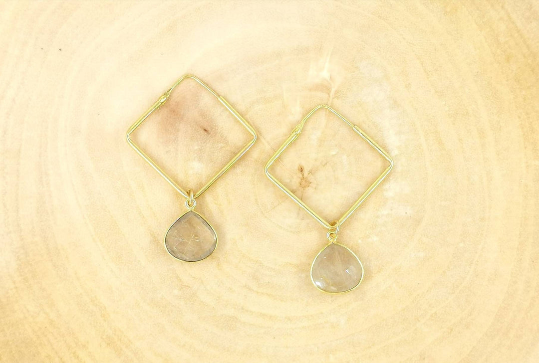 Customisable  Square Hoop Earrings 18k Gold Plated with Faceted Stone Charm