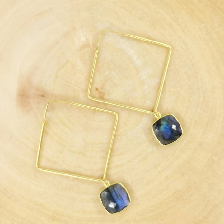 Customisable  Square Hoop Earrings 18k Gold Plated with Faceted Stone Charm