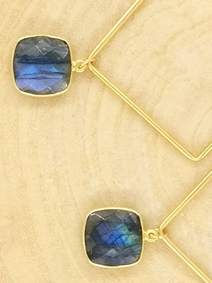 Customisable  Square Hoop Earrings 18k Gold Plated with Faceted Stone Charm