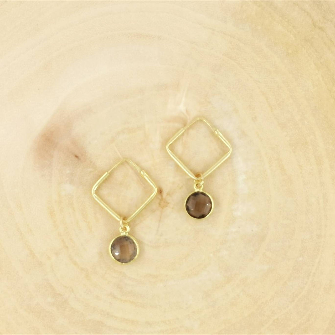 Customisable  Square Hoop Earrings 18k Gold Plated with Faceted Stone Charm