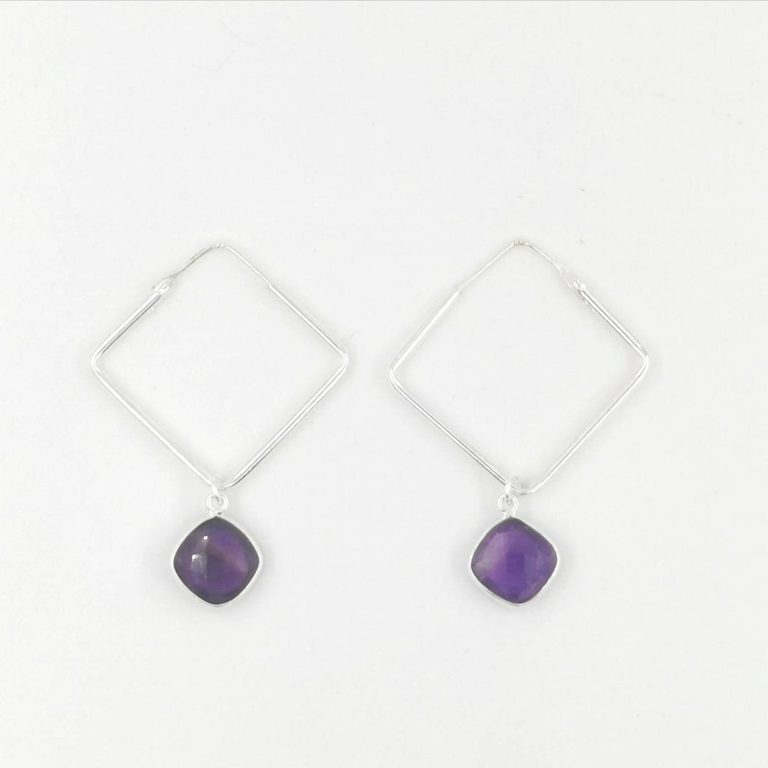 Square Hoop Earrings with Natural Stone — 925 Silver
