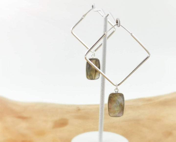 Square Hoop Earrings with Natural Stone — 925 Silver