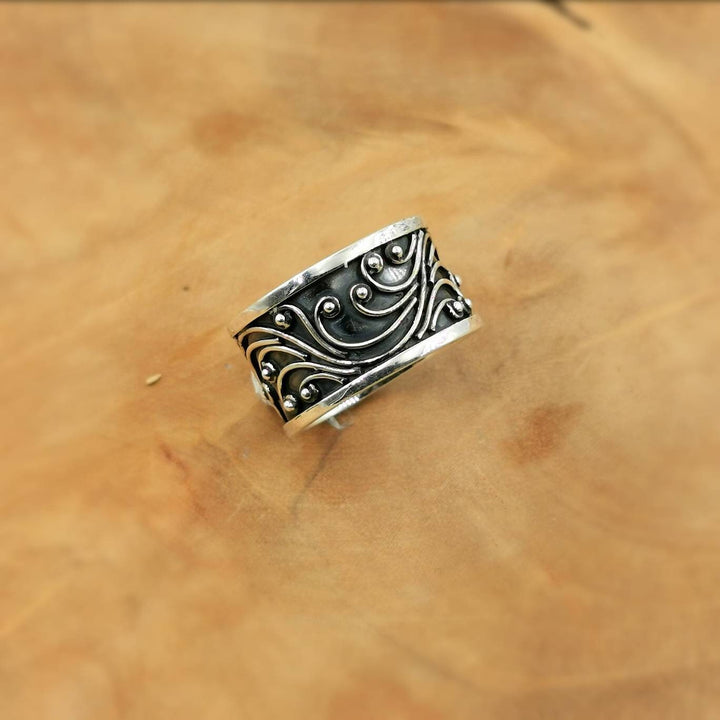 Oxidized 925 Silver Band Ring, Boho Vine Pattern