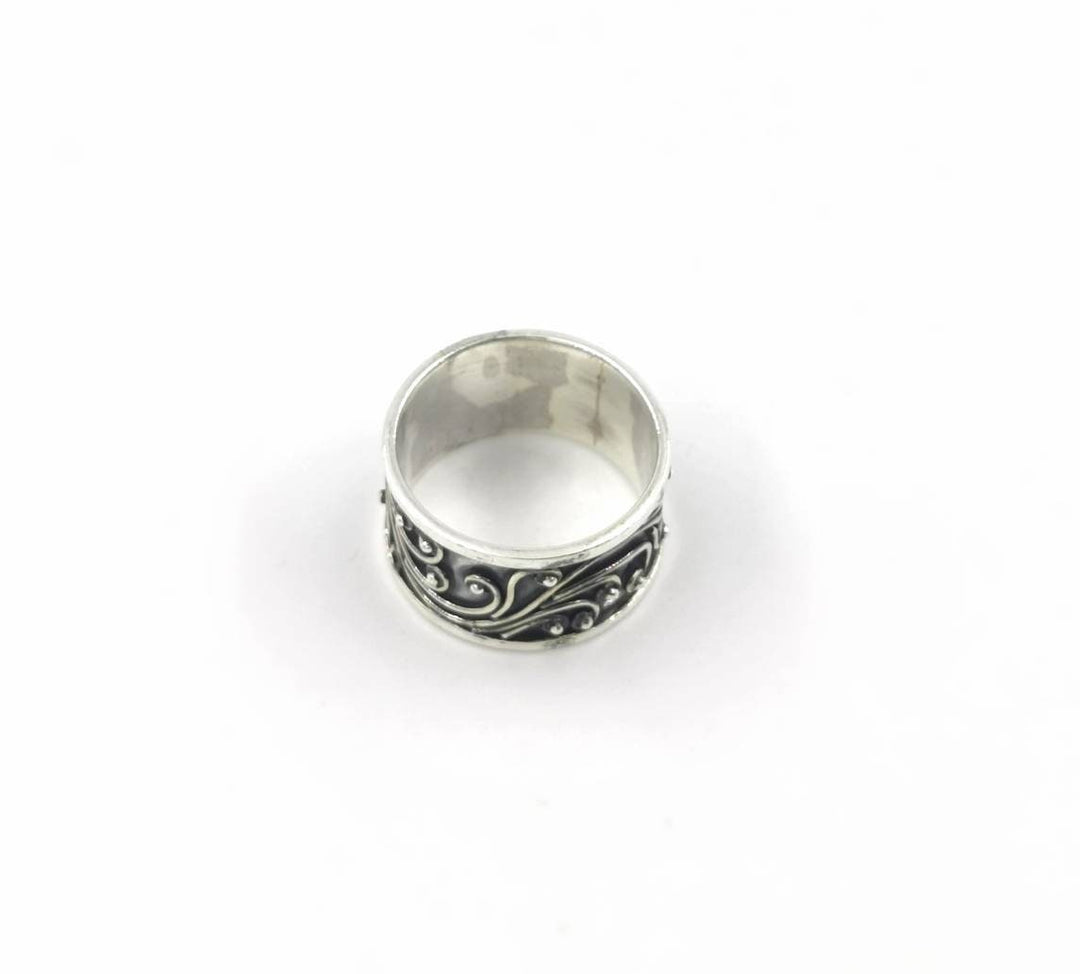 Oxidized 925 Silver Band Ring, Boho Vine Pattern