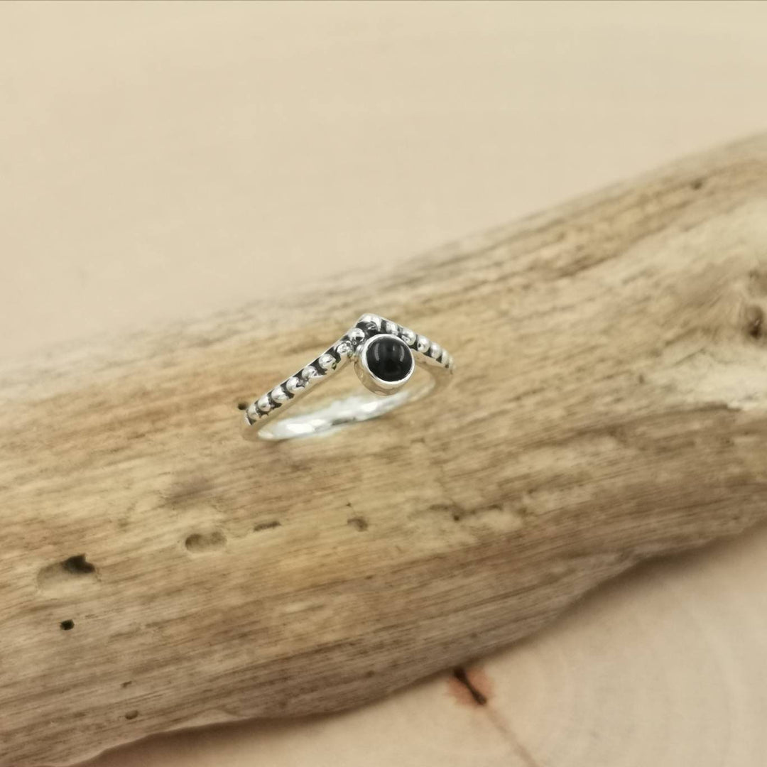 V Shape Boho Ring with Rainbow Moonstone - 925 Silver