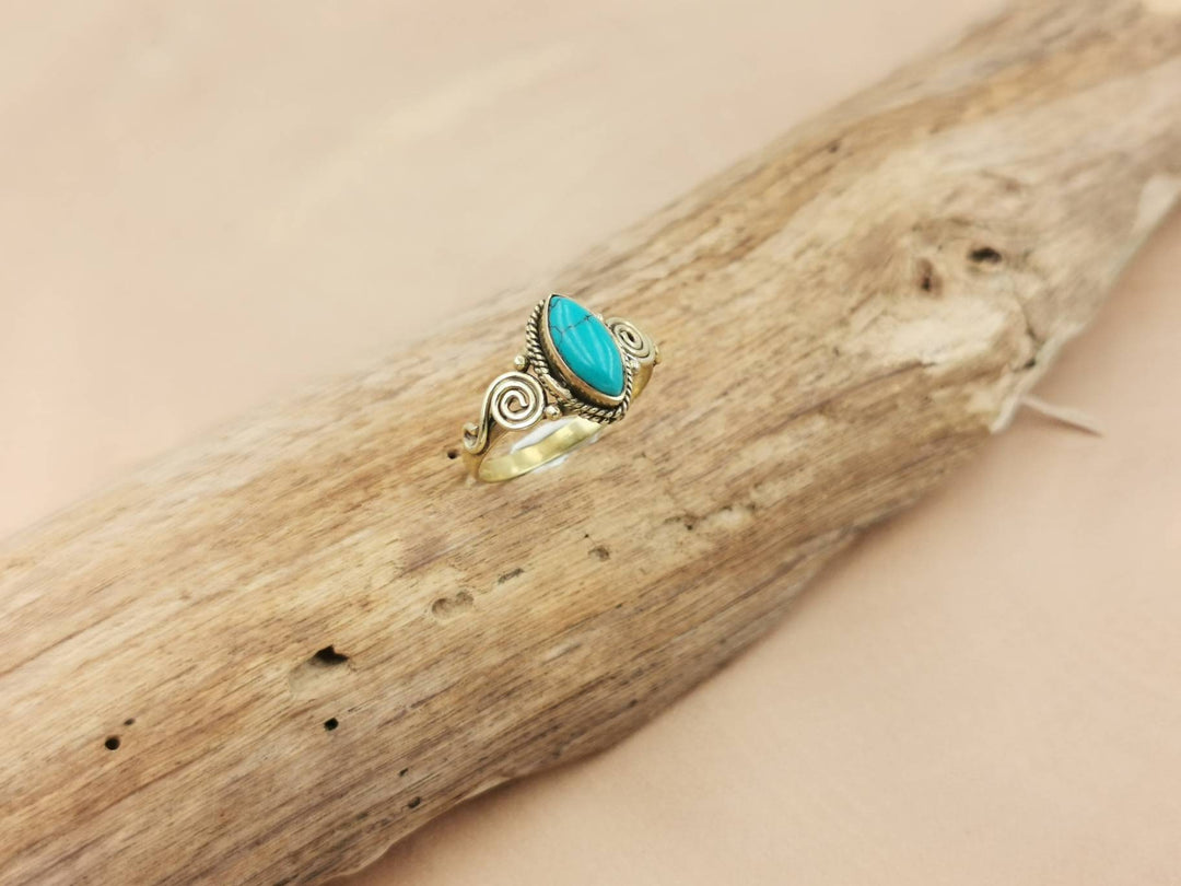 Boho Ring with Gemstone, Spiral Pattern — Brass