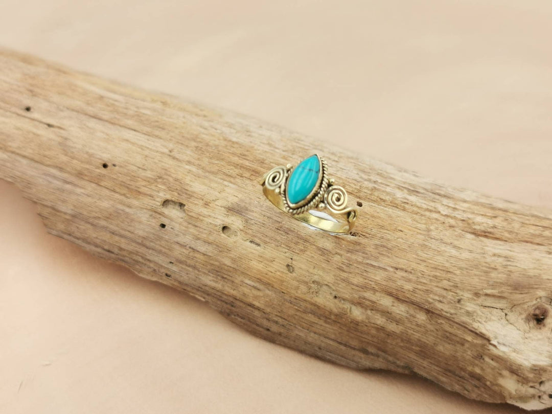 Boho Ring with Gemstone, Spiral Pattern — Brass