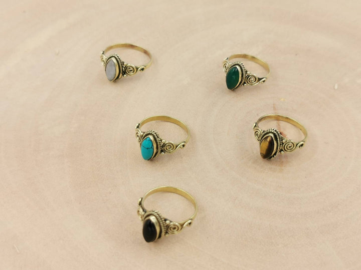 Boho Ring with Gemstone, Spiral Pattern — Brass