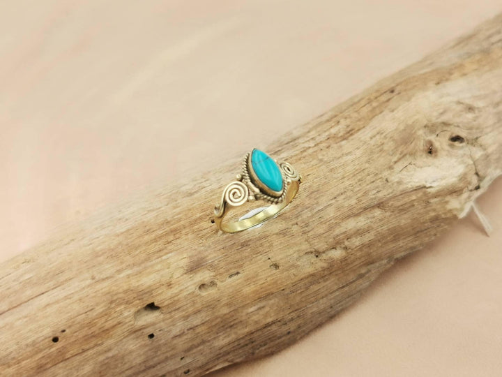 Boho Ring with Gemstone, Spiral Pattern — Brass