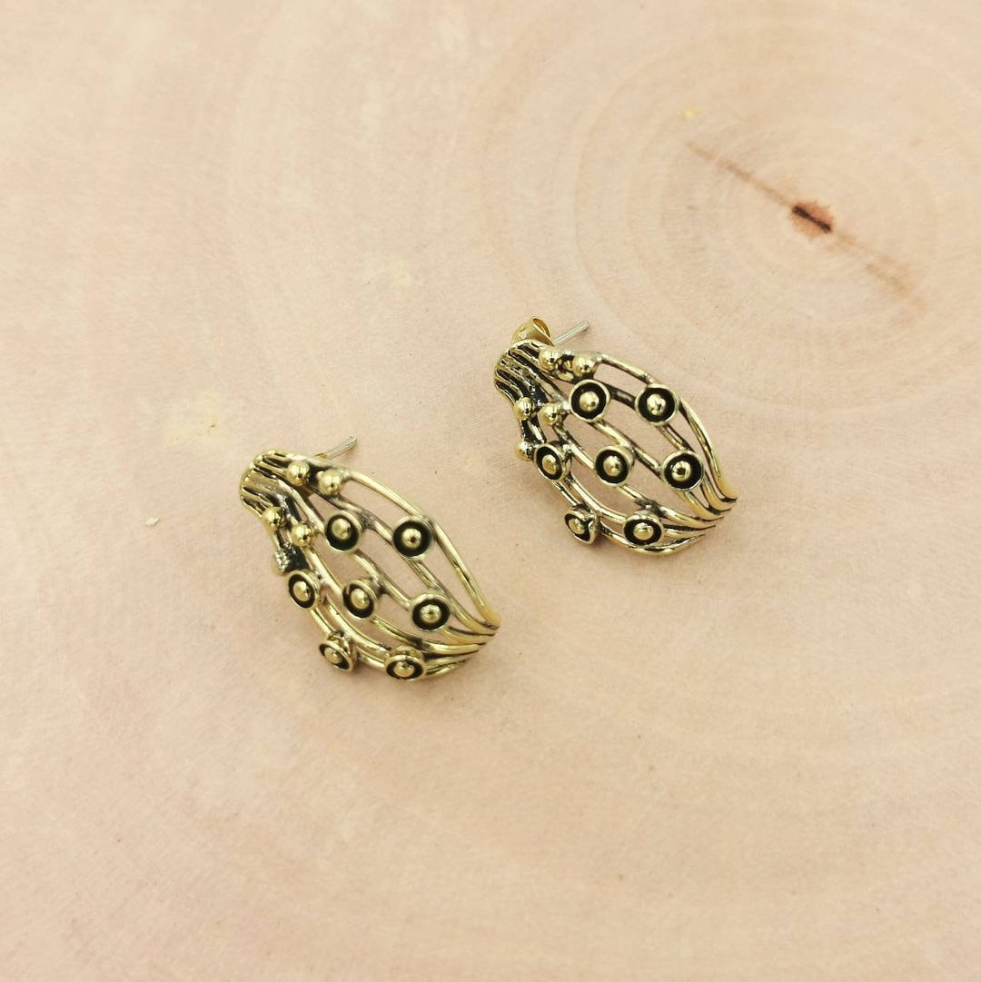 Peacock Pattern Vintage Brass Studs, 1960s Stud Earrings