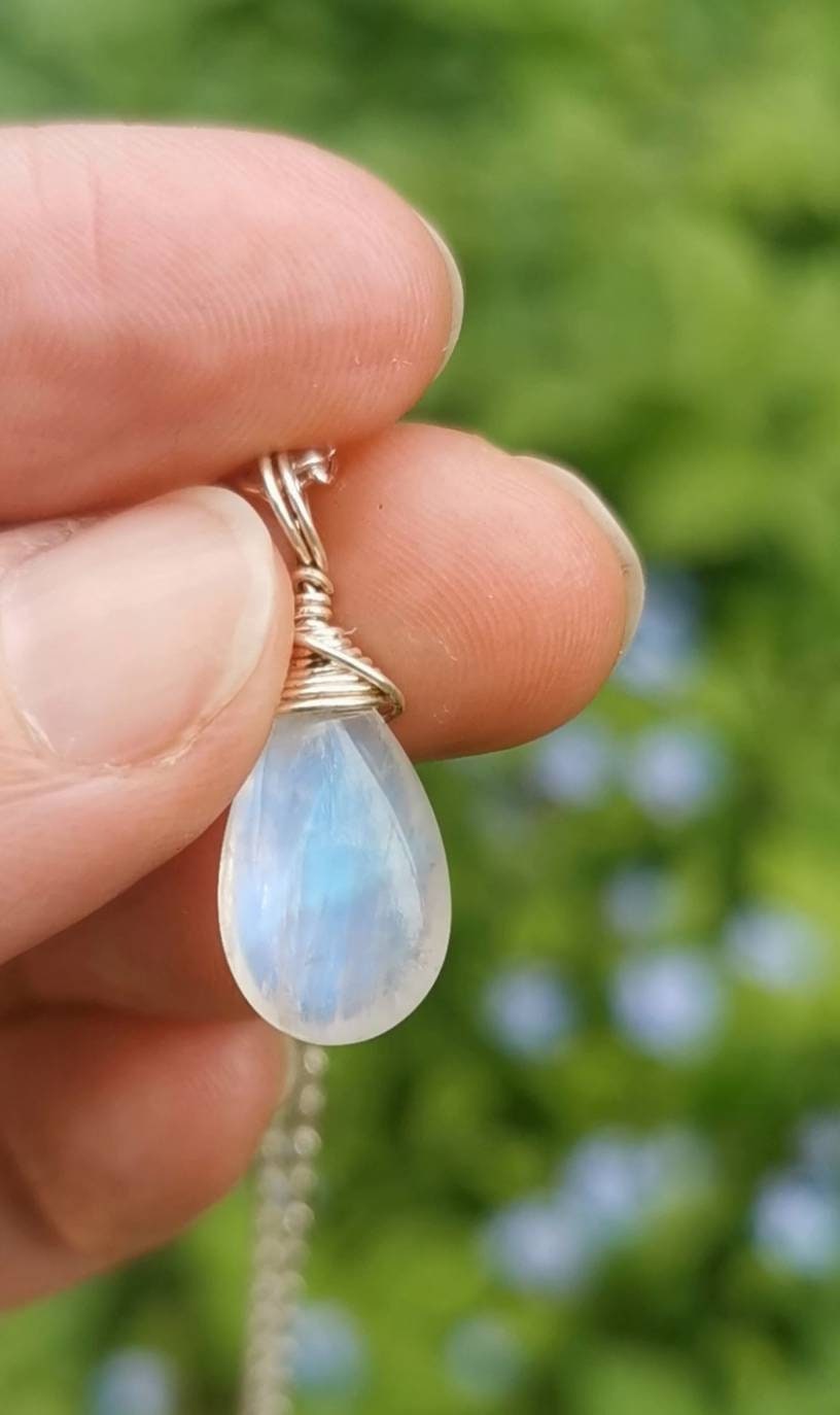 Rainbow Moonstone Drop Charm Pendant 925 Silver