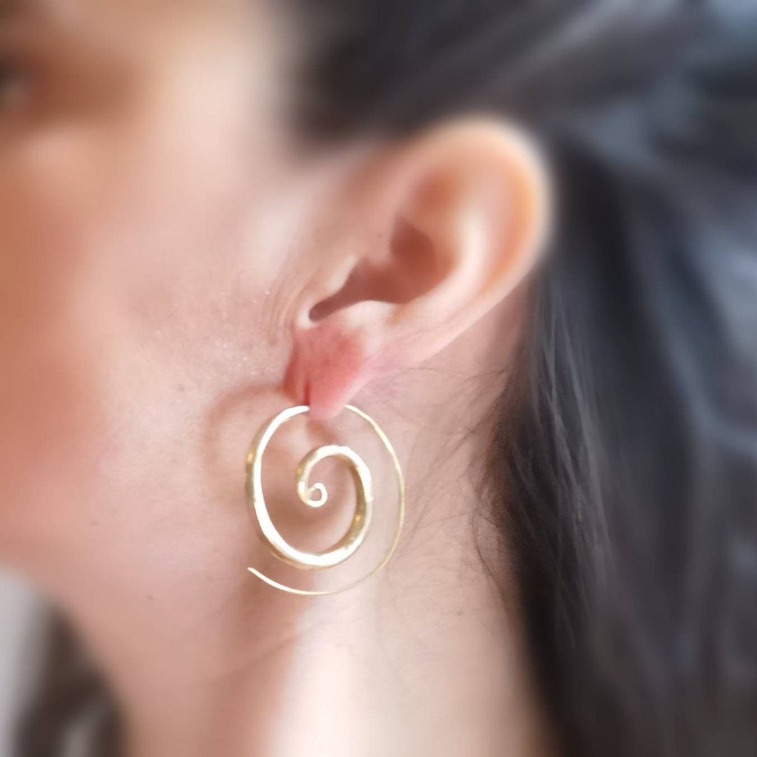 Spiral Earrings, Tribal Boho Style, Nickel-Free — Brass