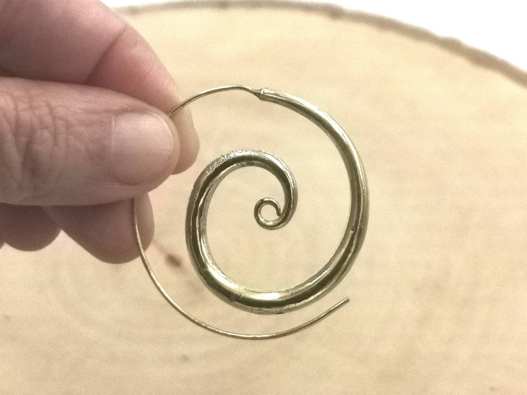 Spiral Earrings, Tribal Boho Style, Nickel-Free — Brass
