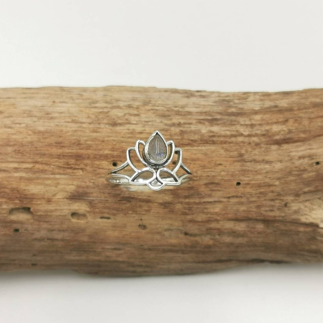 Lotus Flower Ring with Stone  — 925 Silver