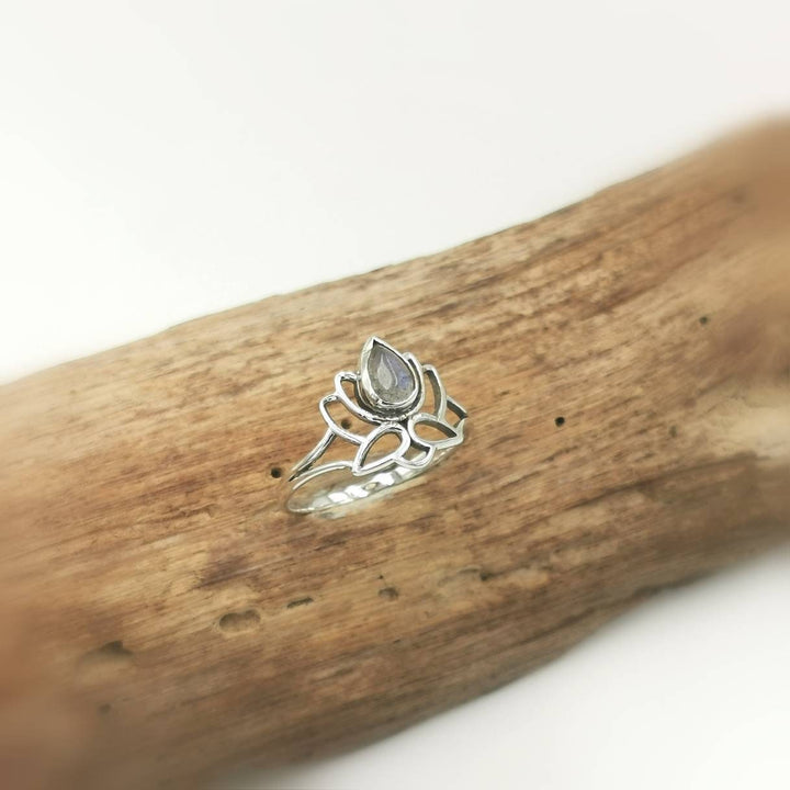 Lotus Flower Ring with Stone  — 925 Silver