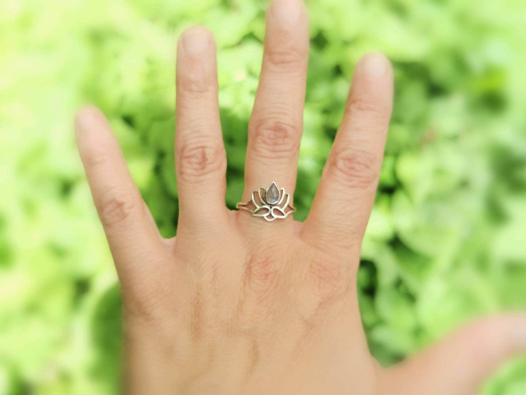 Lotus Flower Ring with Stone  — 925 Silver