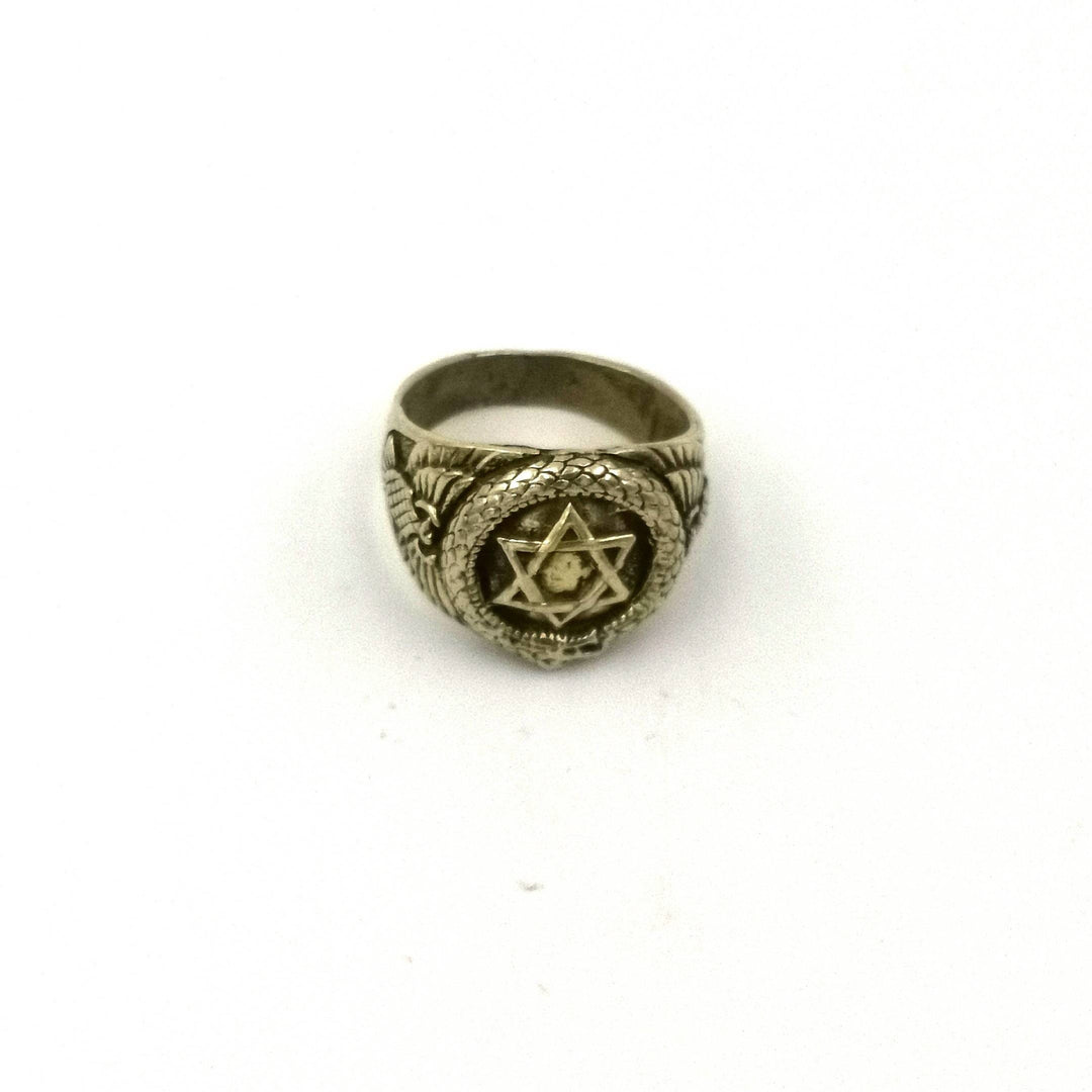 Golden Fraternity Ring with Ouroboros and Star of David — Brass