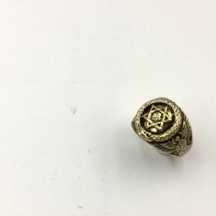 Golden Fraternity Ring with Ouroboros and Star of David — Brass