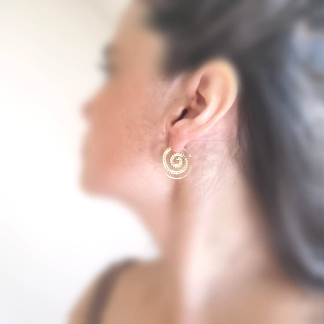 Golden Boho Spiral Earrings — Brass