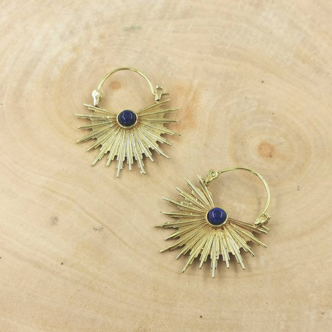 Golden Sun Hoop Earrings, Lapis Lazuli Stone — Brass