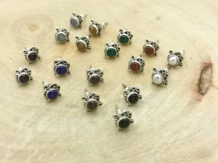 Boho Stud Earrings with Natural Stone — 925 Silver