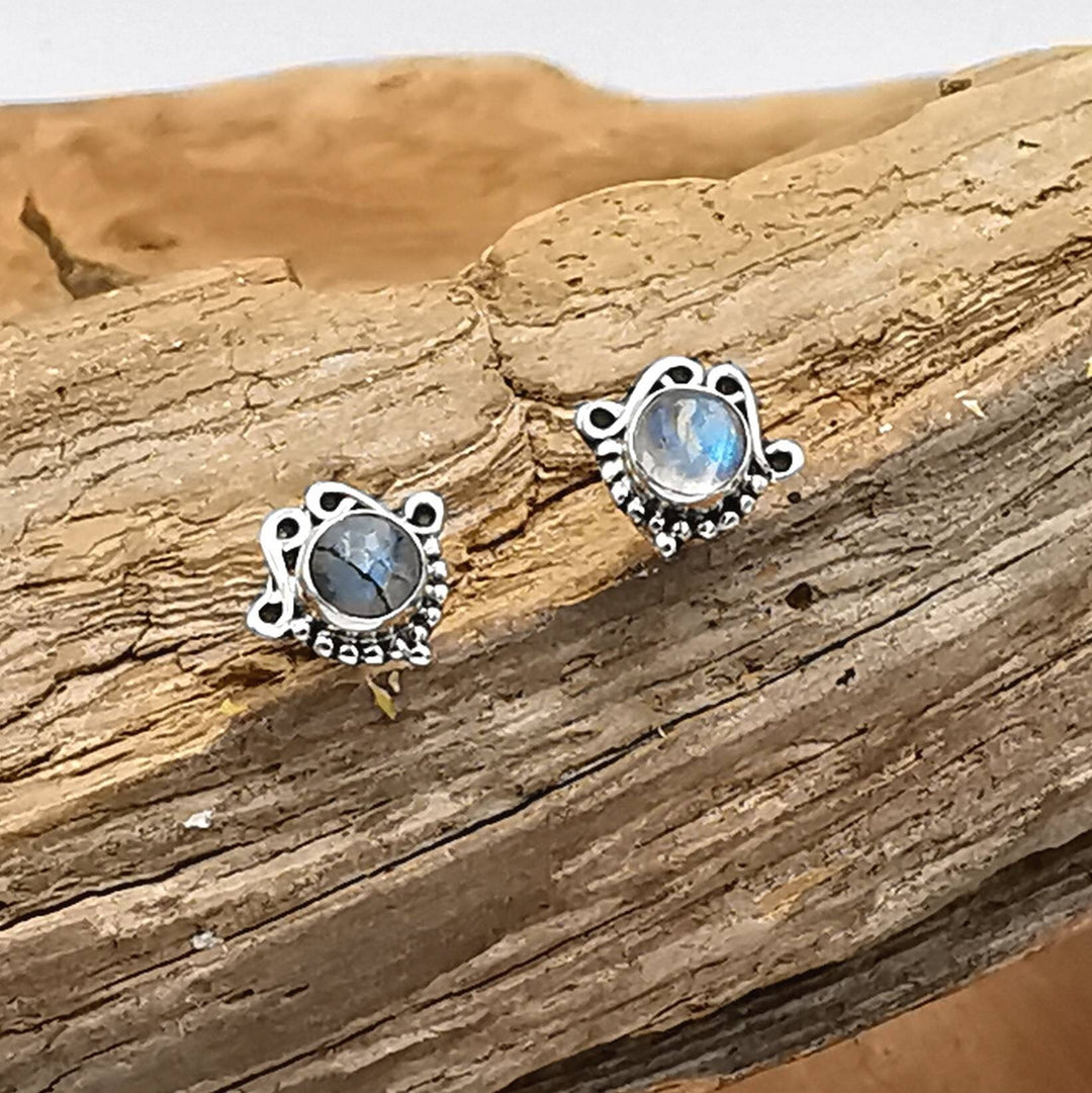 Boho Stud Earrings with Natural Stone — 925 Silver