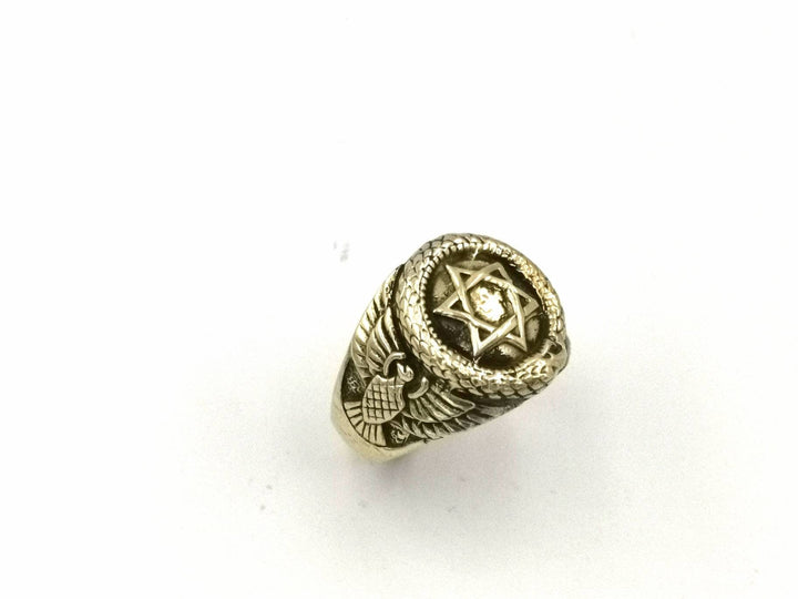 Golden Fraternity Ring with Ouroboros and Star of David — Brass