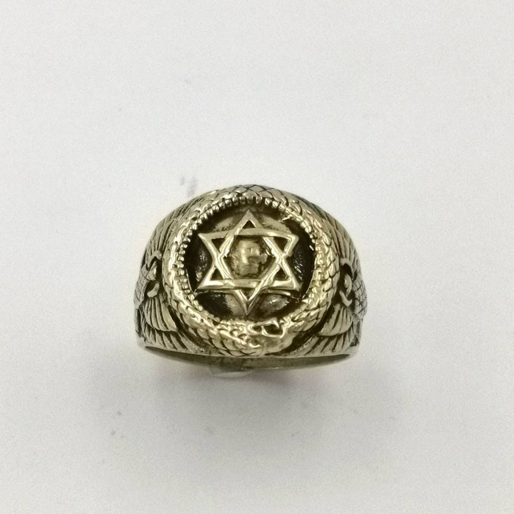 Golden Fraternity Ring with Ouroboros and Star of David — Brass