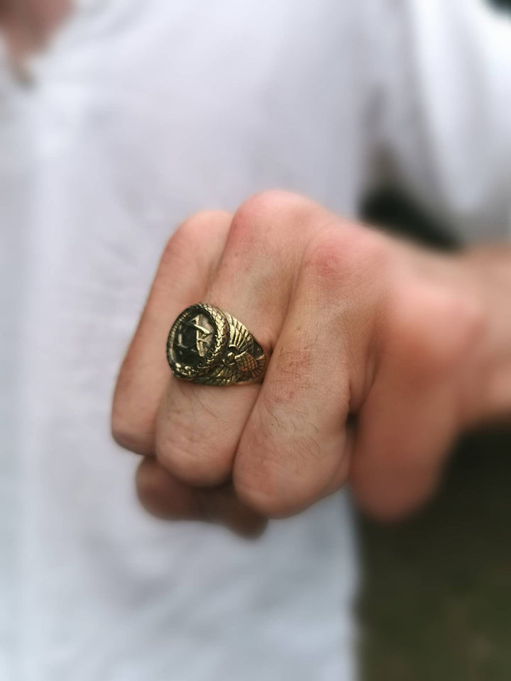 Golden Fraternity Ring with Ouroboros and Star of David — Brass