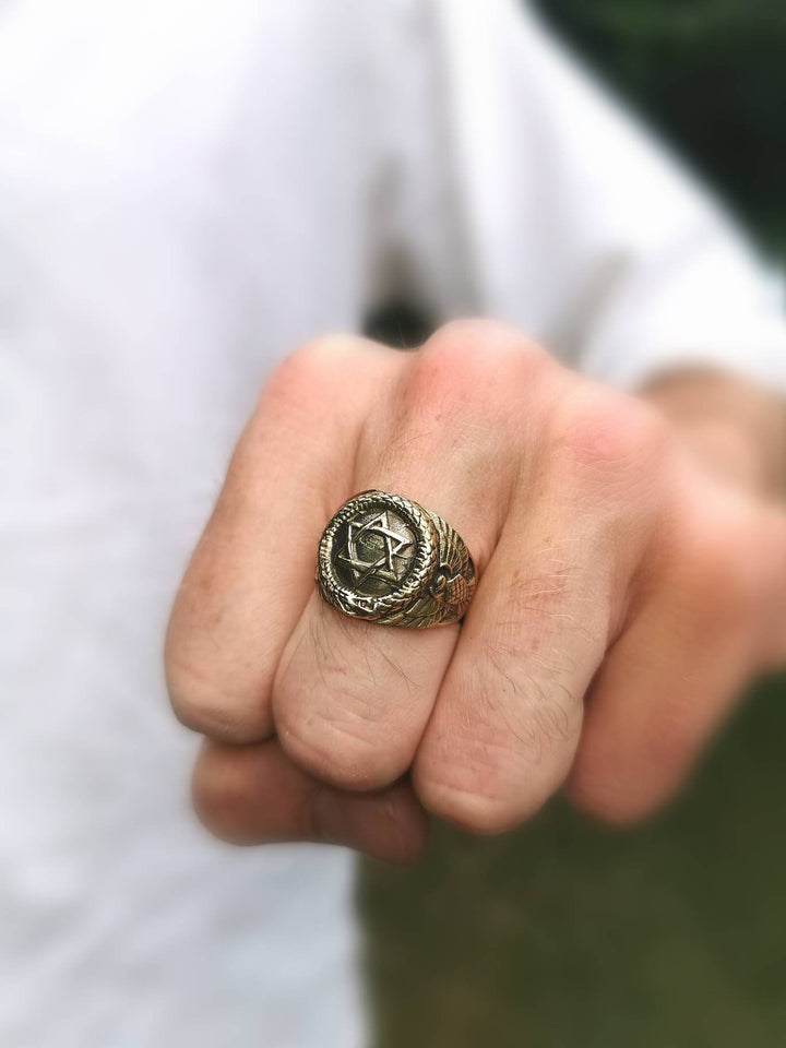 Golden Fraternity Ring with Ouroboros and Star of David — Brass