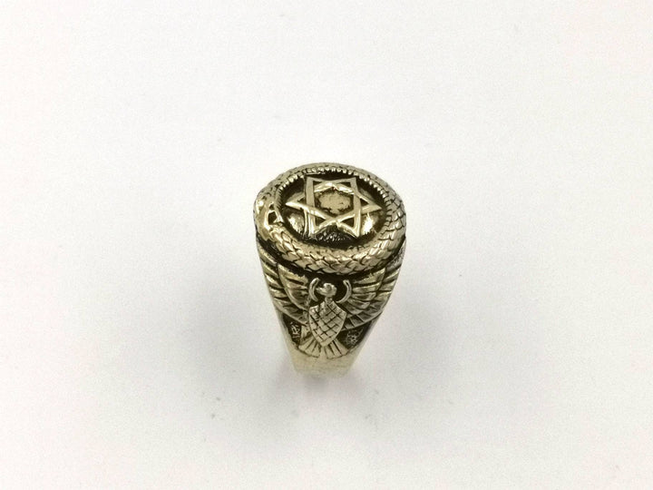 Golden Fraternity Ring with Ouroboros and Star of David — Brass