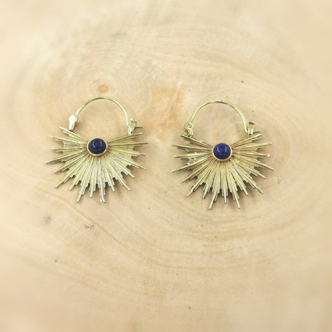 Golden Sun Hoop Earrings, Lapis Lazuli Stone — Brass