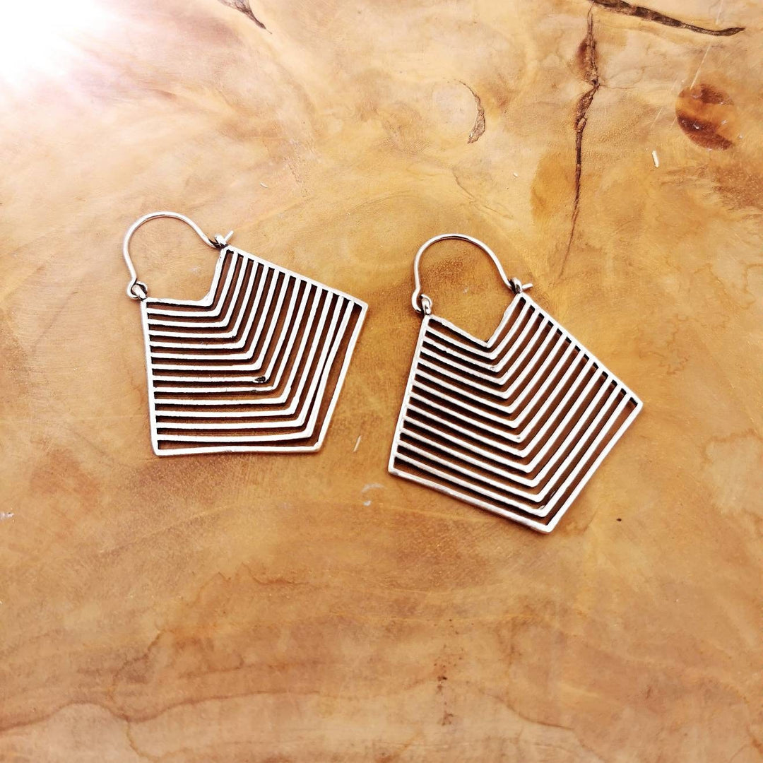 Tribal Geometric Hoop Earrings — Silver-Plated Brass