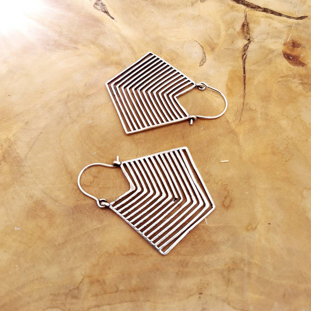 Tribal Geometric Hoop Earrings — Silver-Plated Brass