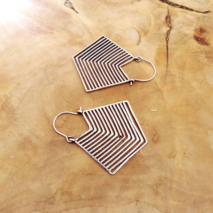 Tribal Geometric Hoop Earrings — Silver-Plated Brass