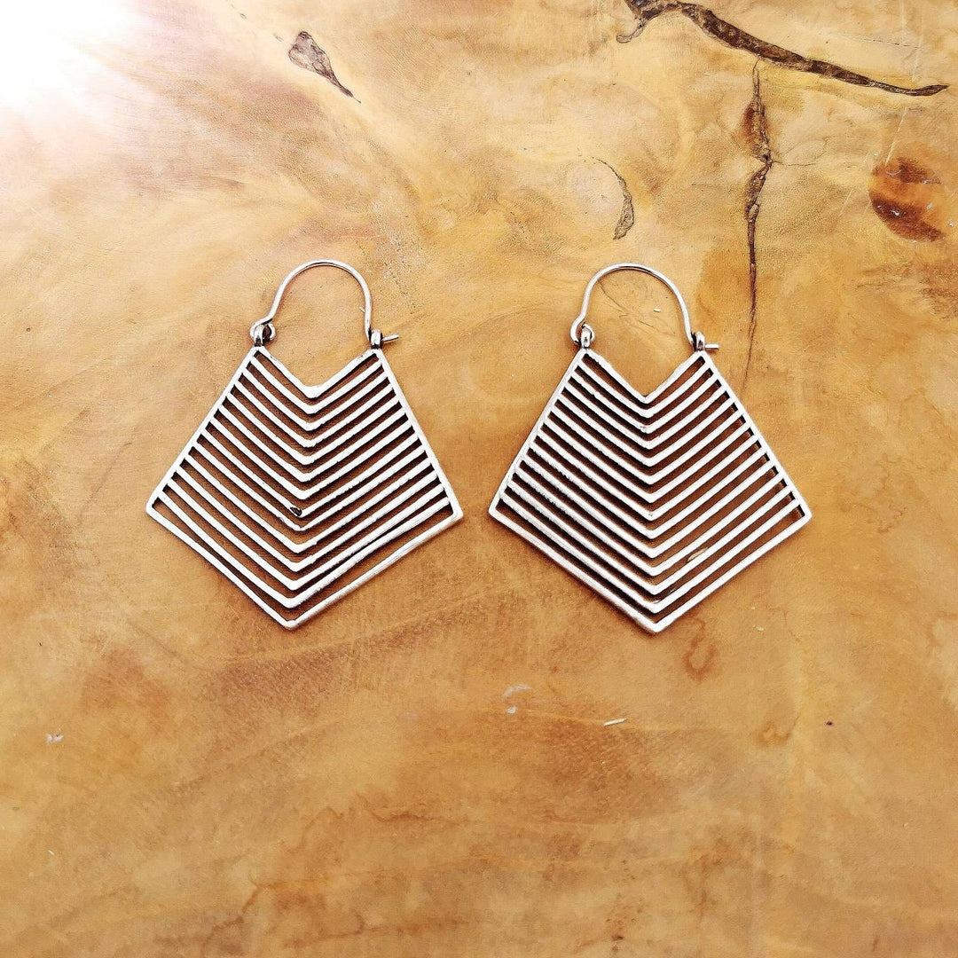 Tribal Geometric Hoop Earrings — Silver-Plated Brass