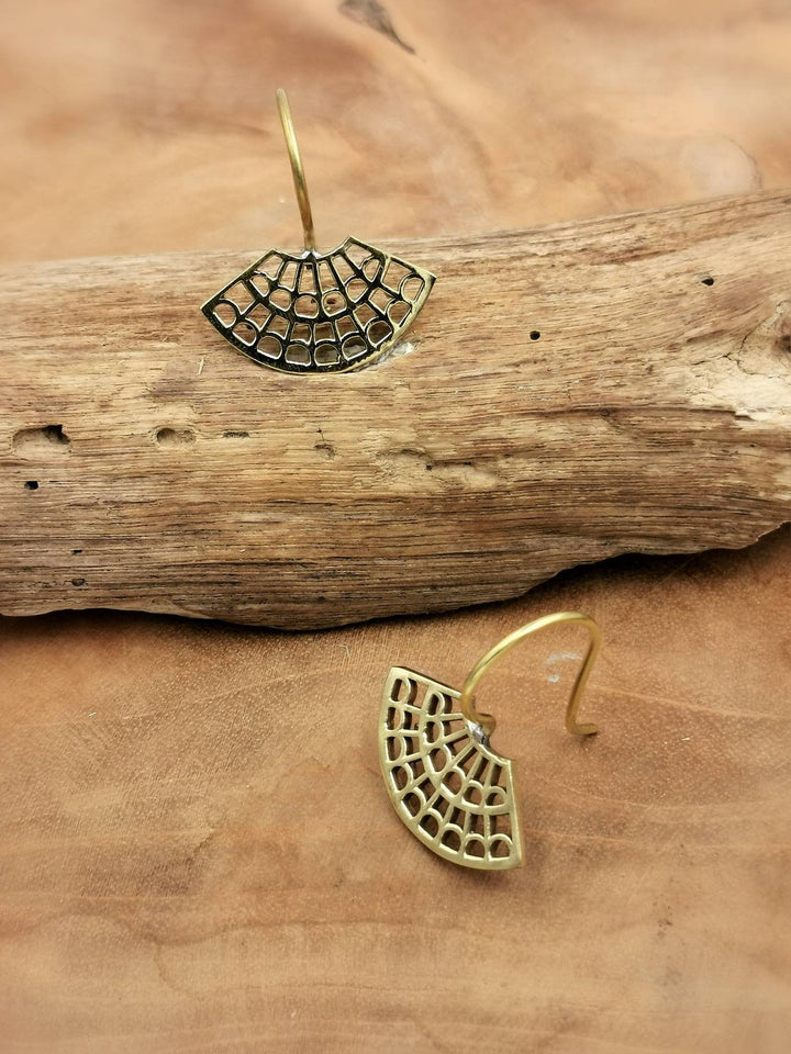 Oriental Fan Earrings, Ethnic Brass Dangles