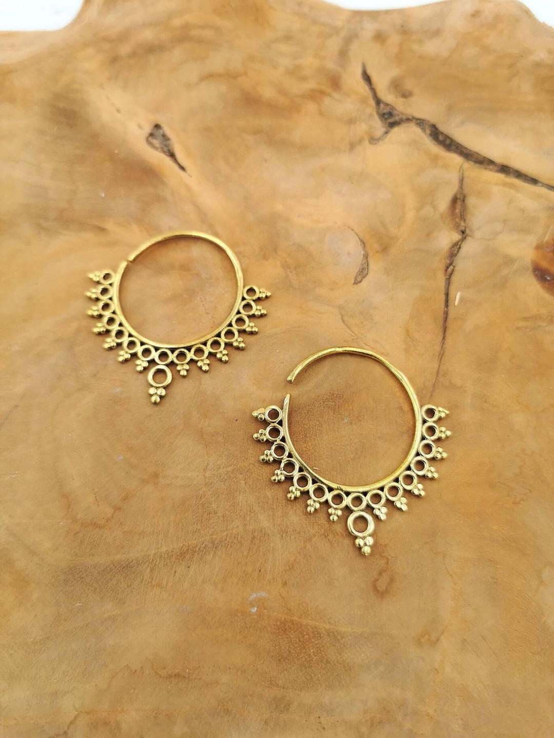 Elegant Brass Boho Hoop Earrings with Oriental Pattern